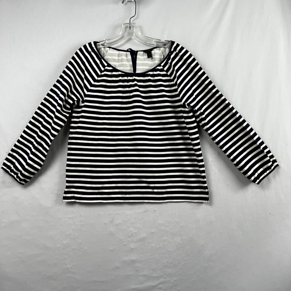J.Crew Top Medium Navy White Striped Preppy Cotton Long Sleeve Tie Back
